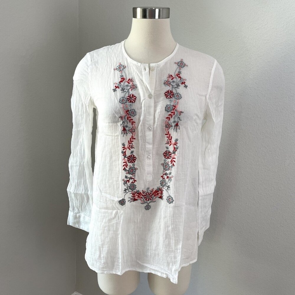 MAX STUDIO Womens XS Blouse White Gauzy Floral Embroidered Tunic Top Shirt